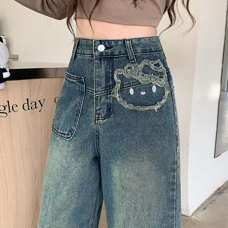 FA54141# 秋装新款胖mm大码女设计感做旧贴布卡通绣花牛仔阔腿裤 服裝批發女裝批發服飾貨源