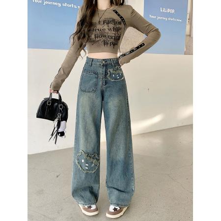 FA54141# 秋装新款胖mm大码女设计感做旧贴布卡通绣花牛仔阔腿裤 服裝批發女裝批發服飾貨源