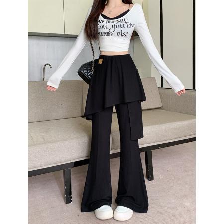 FA54143# 秋装新款胖mm大码女设计感松紧高腰微喇屁帘显瘦休闲裤 服裝批發女裝批發服飾貨源