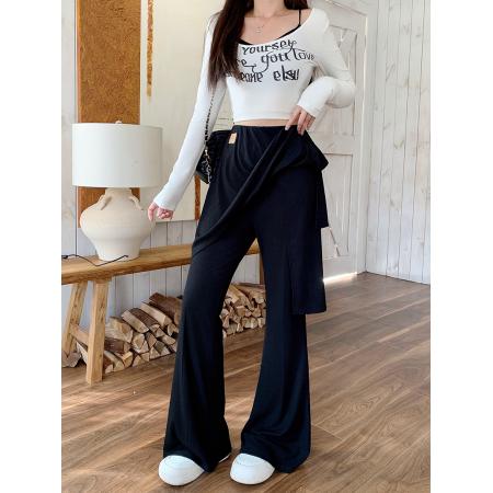 FA54143# 秋装新款胖mm大码女设计感松紧高腰微喇屁帘显瘦休闲裤 服裝批發女裝批發服飾貨源