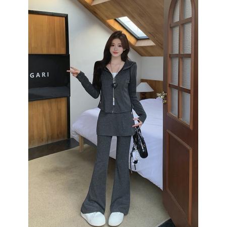 FA54144# 秋装新款胖mm大码女韩版休闲连帽卫衣遮胯显瘦微喇裤套装 服裝批發女裝批發服飾貨源