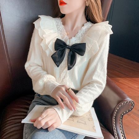 LN76425# 春款小众法式V领蕾丝长袖洋气蝴蝶结荷叶边v领上衣