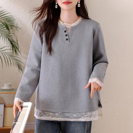 FA54145# 假两件蕾丝拼接卫衣早春洋气休闲百搭棉质宽松大码上衣女 服裝批發女裝批發服飾貨源