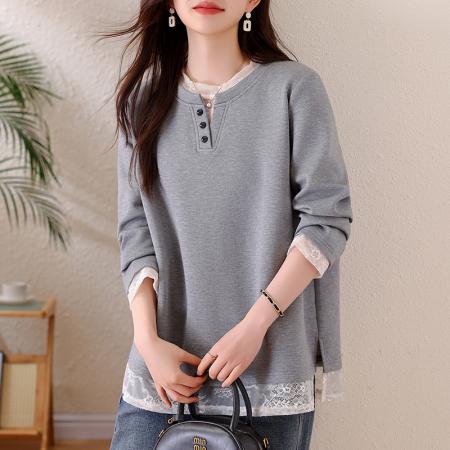 FA54145# 假两件蕾丝拼接卫衣早春洋气休闲百搭棉质宽松大码上衣女 服裝批發女裝批發服飾貨源