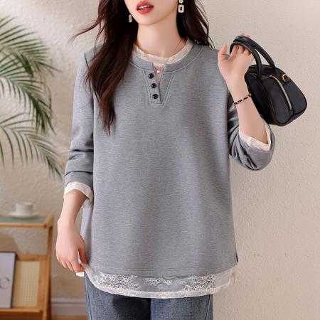 FA54145# 假两件蕾丝拼接卫衣早春洋气休闲百搭棉质宽松大码上衣女 服裝批發女裝批發服飾貨源