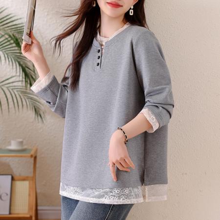 FA54145# 假两件蕾丝拼接卫衣早春洋气休闲百搭棉质宽松大码上衣女 服裝批發女裝批發服飾貨源