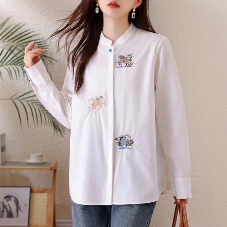 FA54146# 休闲白色刺绣长袖衬衫女早春新款上衣大码欧货气质衬衣 服裝批發女裝批發服飾貨源