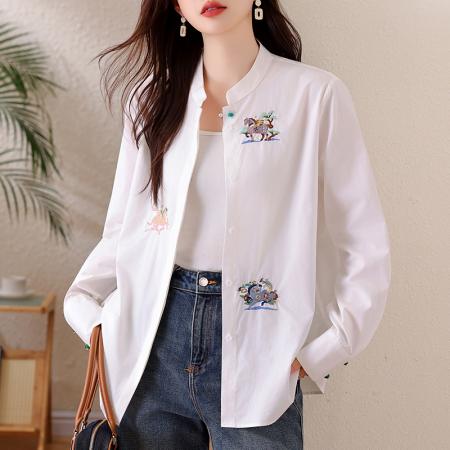 FA54146# 休闲白色刺绣长袖衬衫女早春新款上衣大码欧货气质衬衣 服裝批發女裝批發服飾貨源