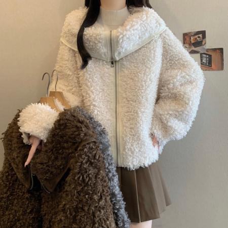 FA54157# 大码女秋冬新款宽松拉链百搭气质皮草毛毛开衫高级感外套女 服裝批發女裝批發服飾貨源