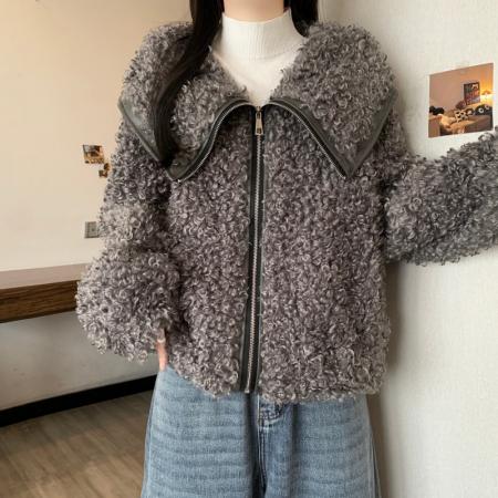 FA54157# 大码女秋冬新款宽松拉链百搭气质皮草毛毛开衫高级感外套女 服裝批發女裝批發服飾貨源