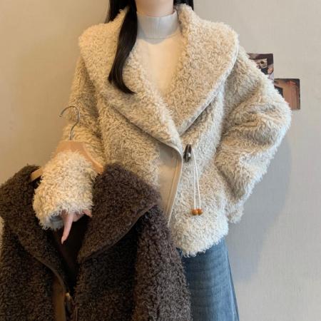 FA54162# 大码女秋冬新款宽松翻领百搭气质皮草毛毛开衫高级感外套女 服裝批發女裝批發服飾貨源