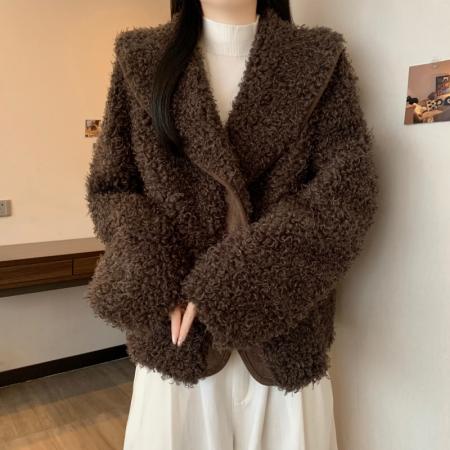 FA54162# 大码女秋冬新款宽松翻领百搭气质皮草毛毛开衫高级感外套女 服裝批發女裝批發服飾貨源