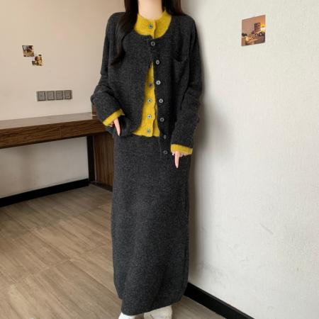 FA54164# 大码胖mm秋冬新款上衣连衣裙宽松显瘦遮肚针织毛衣两件套装 服裝批發女裝批發服飾貨源