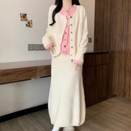 FA54164# 大码胖mm秋冬新款上衣连衣裙宽松显瘦遮肚针织毛衣两件套装 服裝批發女裝批發服飾貨源