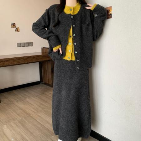 FA54164# 大码胖mm秋冬新款上衣连衣裙宽松显瘦遮肚针织毛衣两件套装 服裝批發女裝批發服飾貨源