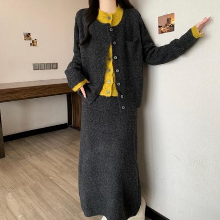 FA54164# 大码胖mm秋冬新款上衣连衣裙宽松显瘦遮肚针织毛衣两件套装 服裝批發女裝批發服飾貨源