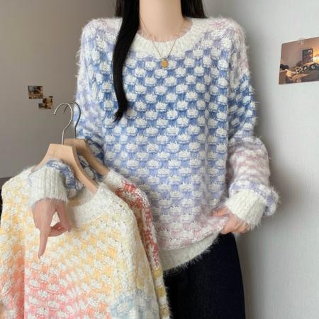 FA54165# 大码女装冬季法式慵懒风设计感上衣胖mm宽松遮肉渐变毛衣外套 服裝批發女裝批發服飾貨源