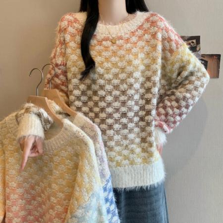 FA54165# 大码女装冬季法式慵懒风设计感上衣胖mm宽松遮肉渐变毛衣外套 服裝批發女裝批發服飾貨源