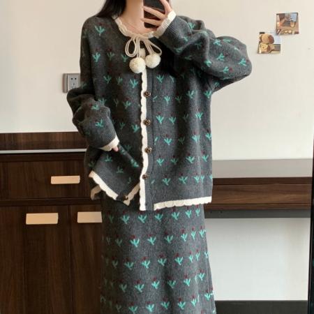 FA54166# 大码女秋冬新款胖MM毛衣撞色宽松显瘦软糯上衣半身裙两件套装 服裝批發女裝批發服飾貨源