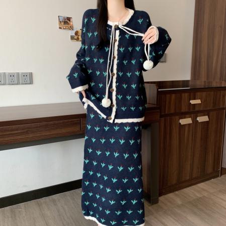 FA54166# 大码女秋冬新款胖MM毛衣撞色宽松显瘦软糯上衣半身裙两件套装 服裝批發女裝批發服飾貨源