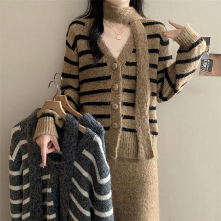 FA54175# 大码胖mm秋冬新款上衣半身连衣裙宽松遮肚条纹毛衣两件套装 服裝批發女裝批發服飾貨源