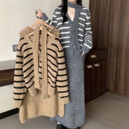 FA54175# 大码胖mm秋冬新款上衣半身连衣裙宽松遮肚条纹毛衣两件套装 服裝批發女裝批發服飾貨源
