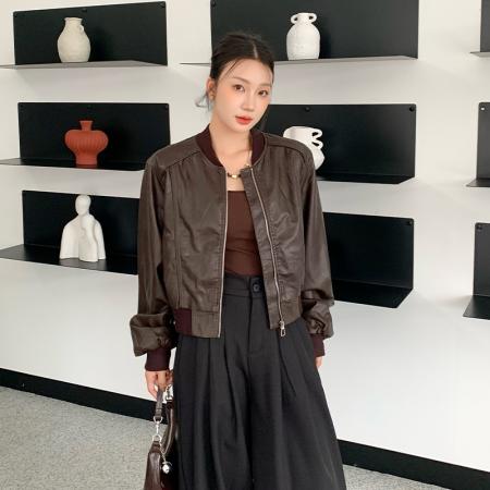 FA54180# 欧美风美拉德短款机车皮衣外套女秋冬新款高级感复古宽松夹克 服裝批發女裝批發服飾貨源