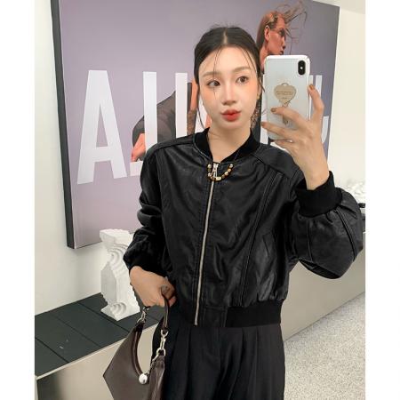 FA54180# 欧美风美拉德短款机车皮衣外套女秋冬新款高级感复古宽松夹克 服裝批發女裝批發服飾貨源