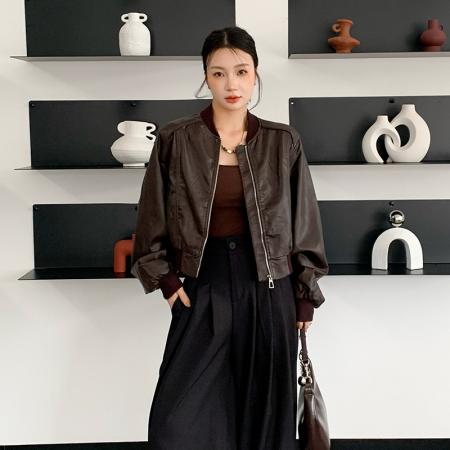 FA54180# 欧美风美拉德短款机车皮衣外套女秋冬新款高级感复古宽松夹克 服裝批發女裝批發服飾貨源