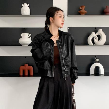 FA54180# 欧美风美拉德短款机车皮衣外套女秋冬新款高级感复古宽松夹克 服裝批發女裝批發服飾貨源