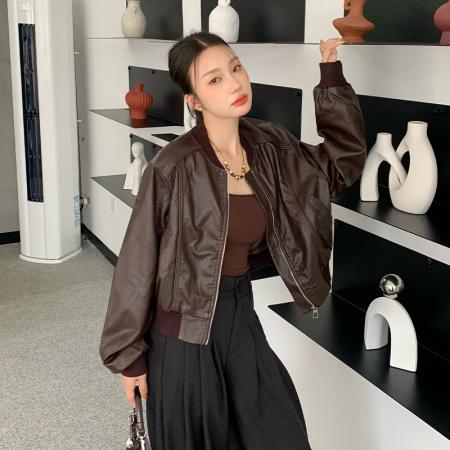 FA54180# 欧美风美拉德短款机车皮衣外套女秋冬新款高级感复古宽松夹克 服裝批發女裝批發服飾貨源