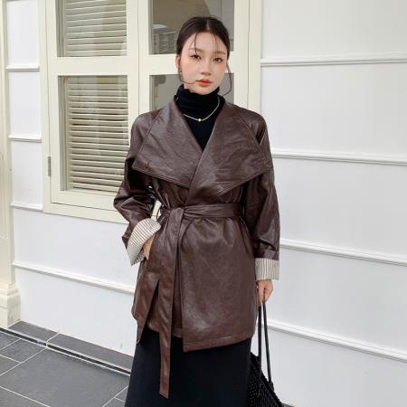 FA54184# 超好看棕色皮衣外套女秋超火酷飒风小个子机车服夹克复古 服裝批發女裝批發服飾貨源