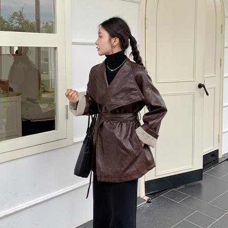 FA54184# 超好看棕色皮衣外套女秋超火酷飒风小个子机车服夹克复古 服裝批發女裝批發服飾貨源