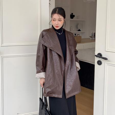 FA54184# 超好看棕色皮衣外套女秋超火酷飒风小个子机车服夹克复古 服裝批發女裝批發服飾貨源