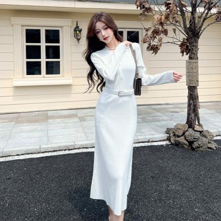 FA54185# 秋款新款正式场合通勤气质女神范白色V领针织打底连衣裙 服裝批發女裝批發服飾貨源
