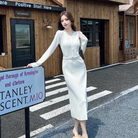 FA54185# 秋款新款正式场合通勤气质女神范白色V领针织打底连衣裙 服裝批發女裝批發服飾貨源