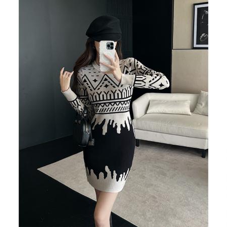 FA54186# 高级感法式复古针织连衣裙女秋小香风几何图案修身打底毛衣裙 服裝批發女裝批發服飾貨源