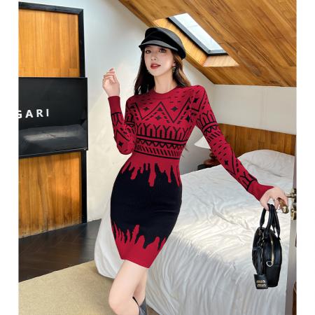 FA54186# 高级感法式复古针织连衣裙女秋小香风几何图案修身打底毛衣裙 服裝批發女裝批發服飾貨源