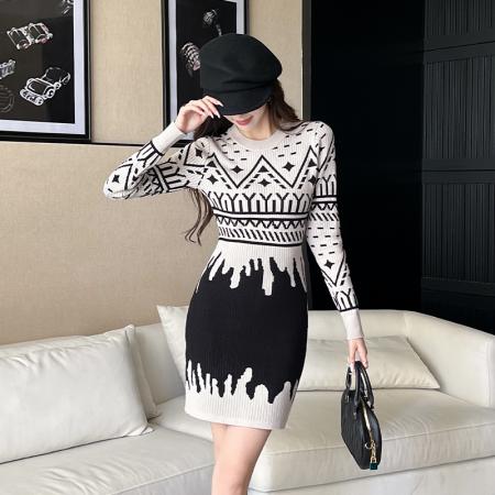FA54186# 高级感法式复古针织连衣裙女秋小香风几何图案修身打底毛衣裙 服裝批發女裝批發服飾貨源