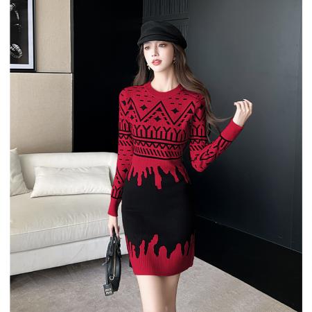 FA54186# 高级感法式复古针织连衣裙女秋小香风几何图案修身打底毛衣裙 服裝批發女裝批發服飾貨源