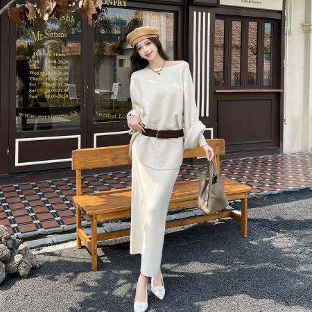 FA54187# 秋季法式气质慵懒风百搭显瘦毛衣+韩系高腰开叉半身裙套装女 服裝批發女裝批發服飾貨源