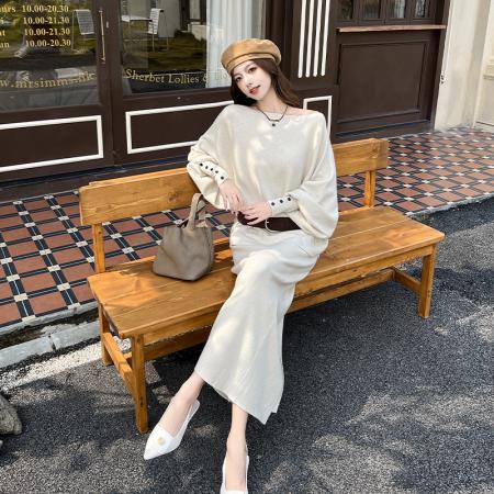 FA54187# 秋季法式气质慵懒风百搭显瘦毛衣+韩系高腰开叉半身裙套装女 服裝批發女裝批發服飾貨源