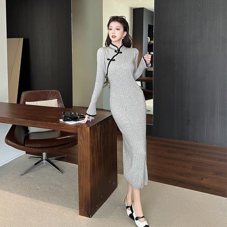 FA54189# 新中式国风针织长袖连衣裙今年流行盘扣淑女修身包臀长裙秋冬 服裝批發女裝批發服飾貨源
