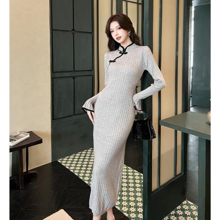 FA54189# 新中式国风针织长袖连衣裙今年流行盘扣淑女修身包臀长裙秋冬 服裝批發女裝批發服飾貨源