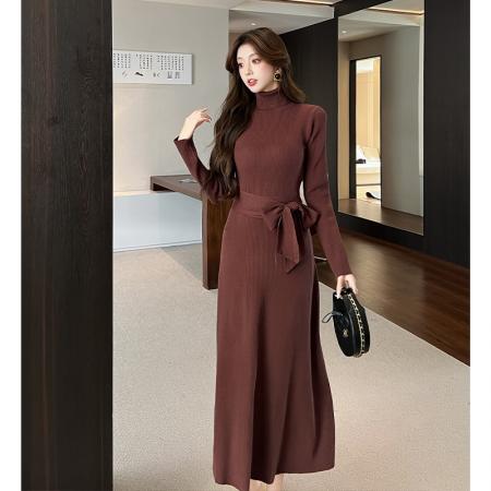 FA54190# 时尚美拉德咖色高领针织连衣裙秋冬修身茶歇法式收腰裙子 服裝批發女裝批發服飾貨源