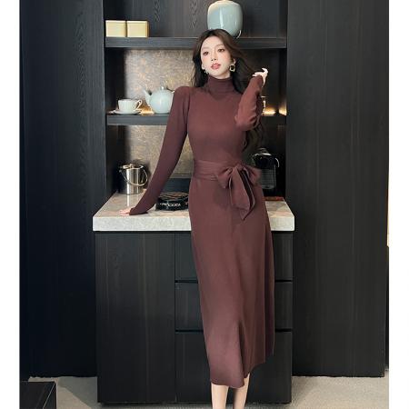 FA54190# 时尚美拉德咖色高领针织连衣裙秋冬修身茶歇法式收腰裙子 服裝批發女裝批發服飾貨源