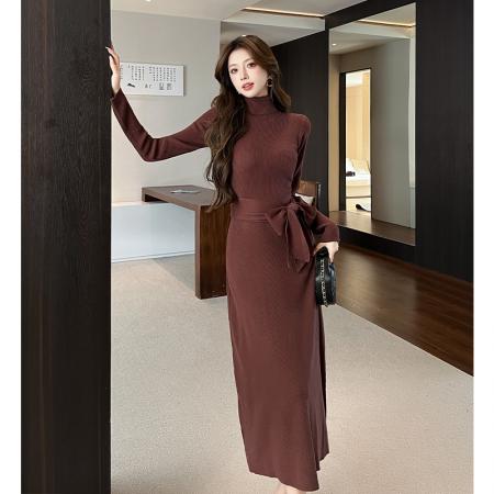 FA54190# 时尚美拉德咖色高领针织连衣裙秋冬修身茶歇法式收腰裙子 服裝批發女裝批發服飾貨源