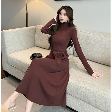 FA54190# 时尚美拉德咖色高领针织连衣裙秋冬修身茶歇法式收腰裙子 服裝批發女裝批發服飾貨源