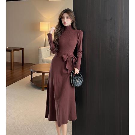 FA54190# 时尚美拉德咖色高领针织连衣裙秋冬修身茶歇法式收腰裙子 服裝批發女裝批發服飾貨源