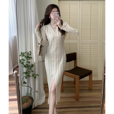 FA54191# V领麻花毛线长袖内搭连衣裙女秋冬新温柔风御姐收腰开叉长裙 服裝批發女裝批發服飾貨源